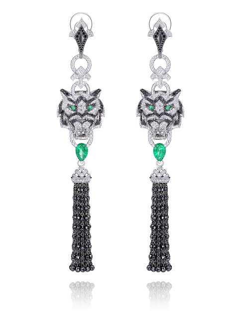 White Gold Emerald & Diamond Tiger Tassel Earrings, 1