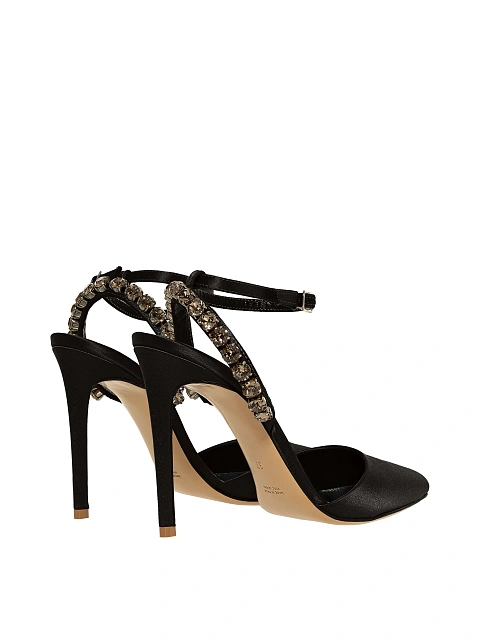 Black satin pumps with pointed toe and rhinestones, 3