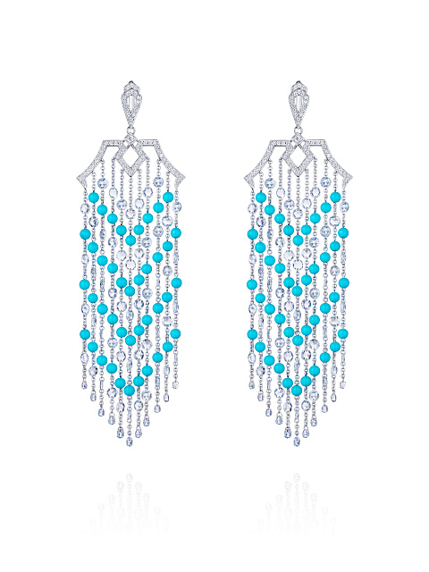 Rose Cut Diamond, Briolette Diamond, Turquoise & White Gold Earrings, 1