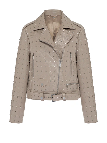 Beige Rhinestones Leather Biker Jacket, 1