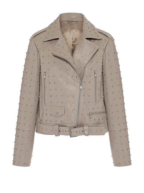 Beige Rhinestones Leather Biker Jacket, 1 Beige Rhinestones Leather Biker Jacket, 1