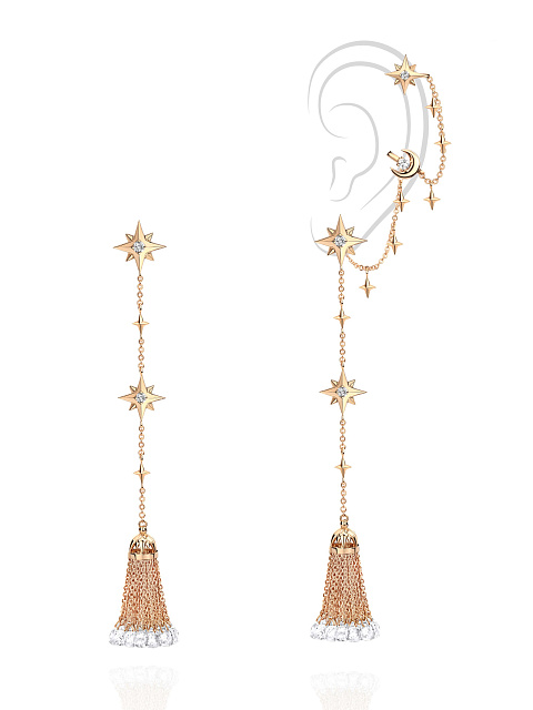Pink gold tassel earrings with ear cuff, rock crystal and colorless topaz, 1