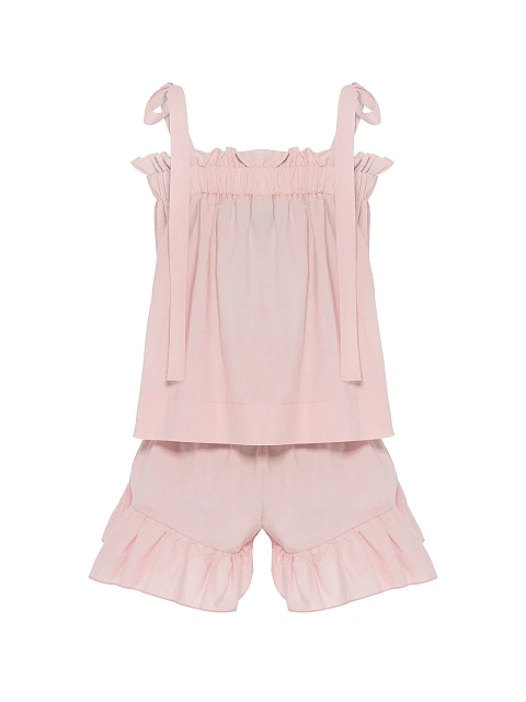 Pink set with tie-front top and ruffled shorts, 2 Pink set with tie-front top and ruffled shorts, 2