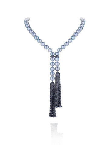 Chained necklace-belt in blackened gold with Akoya grey pearls and diamonds, 1