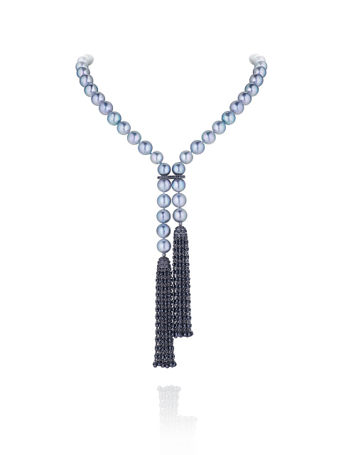 Chained necklace-belt in blackened gold with Akoya grey pearls and diamonds, 1