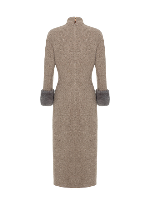 Beige Wool Midi Dress With Mink Fur Cuffs, 2