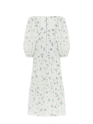 White Floral Print Off Shoulder Midi Dress, 2