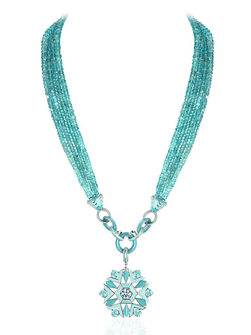 Silver necklace with a snowflake-shaped pendant with turquoise enamel and apatites, 1