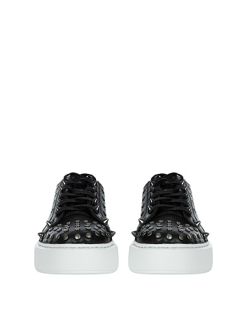 Black Leather Studded Chunky Sneakers, 2