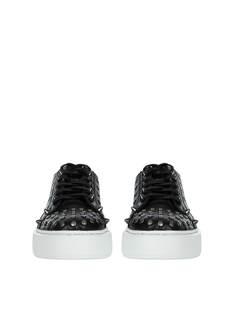 Black Leather Studded Chunky Sneakers, 2