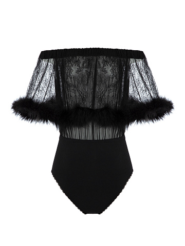 Black Lace & Boa Trimmed Silk Bodysuit, 1