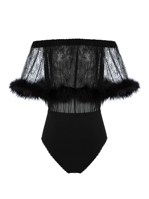 Black Lace & Boa Trimmed Silk Bodysuit, 1 Black Lace & Boa Trimmed Silk Bodysuit, 1