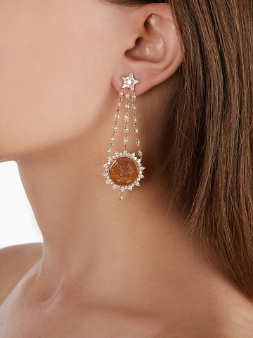 Gold, Carnelian Cameo & Pear-cut Yellow Diamonds Earrings , 2