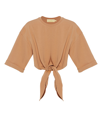 Beige Cotton Cropped Knot T-Shirt, 1
