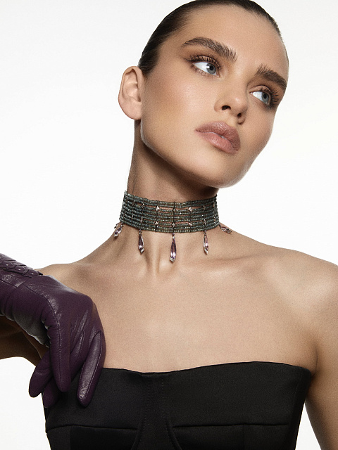 Bead Green Sapphire, Pear Amethyst, Grey Round Diamond & White Gold Necklace , 3