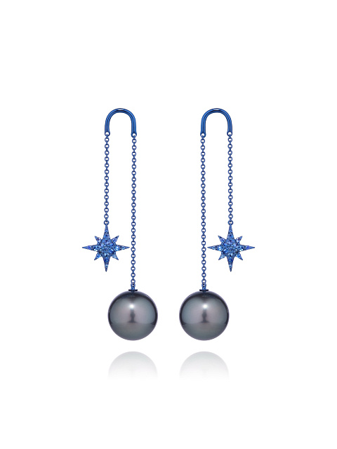 Earrings made of blackened gold with pearls and round sapphires, 1