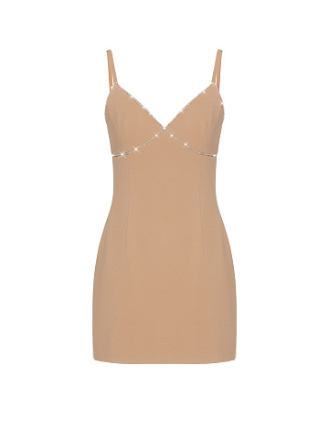 Beige Rayon Rhinestone Mini Dress, 1