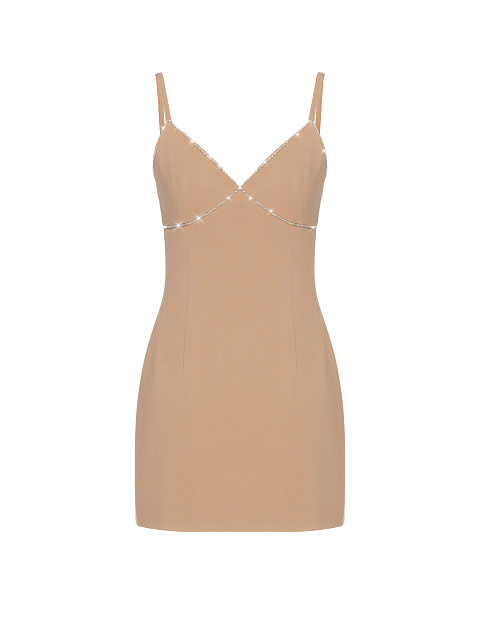 Beige Rayon Rhinestone Mini Dress, 1 Beige Rayon Rhinestone Mini Dress, 1