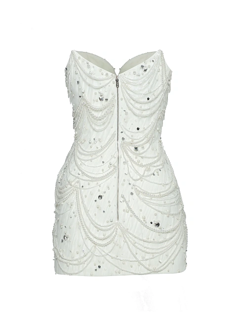 White Pearls & Rhinestones Silk Mini Dress, 3 White Pearls & Rhinestones Silk Mini Dress, 3
