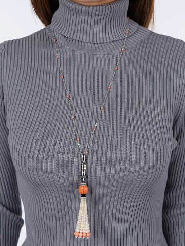 White Gold & Round Diamond & Pearl & Coral Tassel Necklace, 2