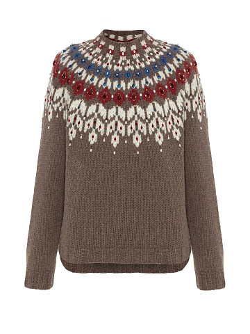 Brown Cashmere Sweater With Pattern And Pearls, 1