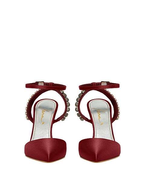 Burgundy satin pumps with pointed toe and rhinestones, 3