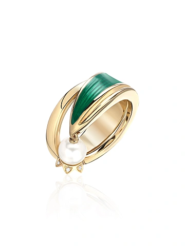 Pearl, Round Diamond, Green Enamel & Gold Ring, 1