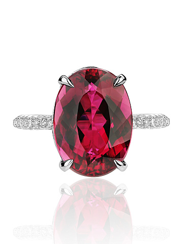 Round Diamond & Oval Rubellite & White Gold Ring , 2