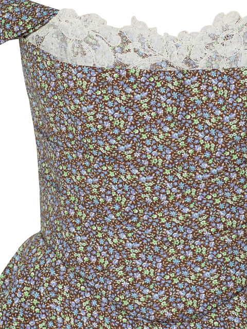 Brown Floral Print Lace Trim Cotton Mini Dress, 3 Brown Floral Print Lace Trim Cotton Mini Dress, 3