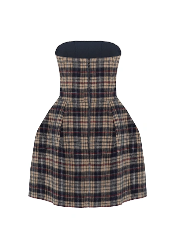 Beige Check Wool Mini Dress, 2