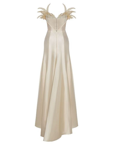 Beige Open Shoulder Feather Silk Maxi Dress, 3 Beige Open Shoulder Feather Silk Maxi Dress, 3