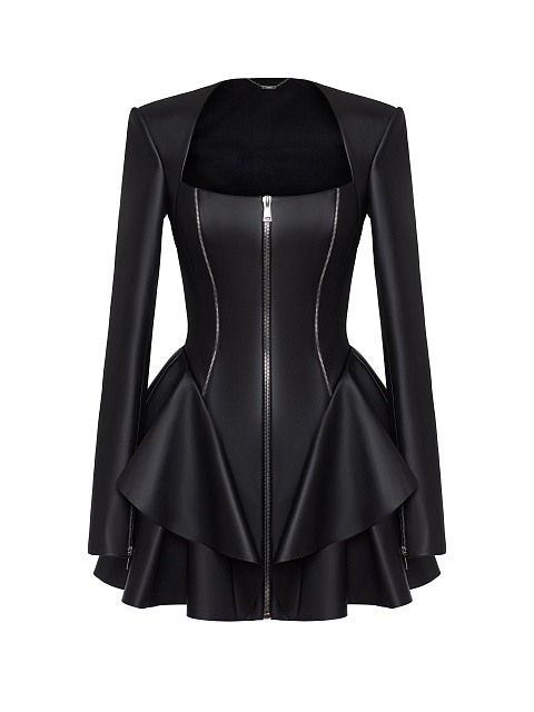 Black leather mini dress with ruffles, 1 Black leather mini dress with ruffles, 1