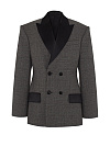 Жакет двубортный из серой костмной ткани в клетку, отделка из черной сатиновой ткани