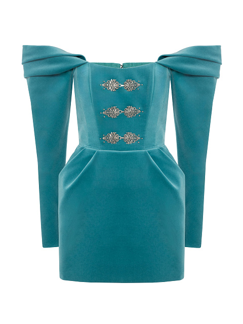 Turquoise Off-shoulder Velvet Mini Dress, 1