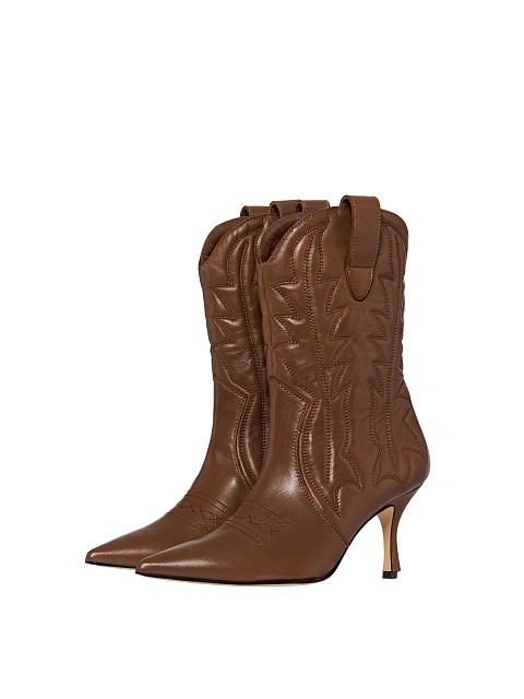 Brown Leather High Heel Cowboy Boots, 1