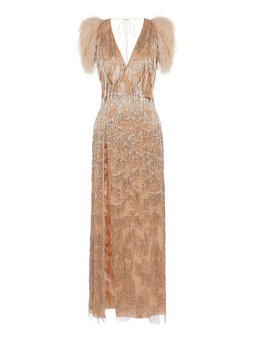 Beige Silk Dress With Sequins & Feathers, 1