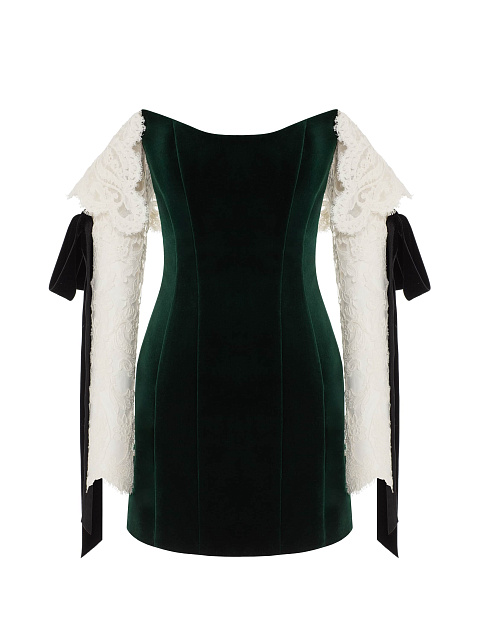 Dark Green Velvet Dress With Lace Sleeves And Ribbons, 1