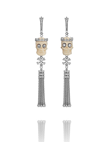 White Gold, Diamonds & Mammoth Tusk Skull Tassel Earrings, 1