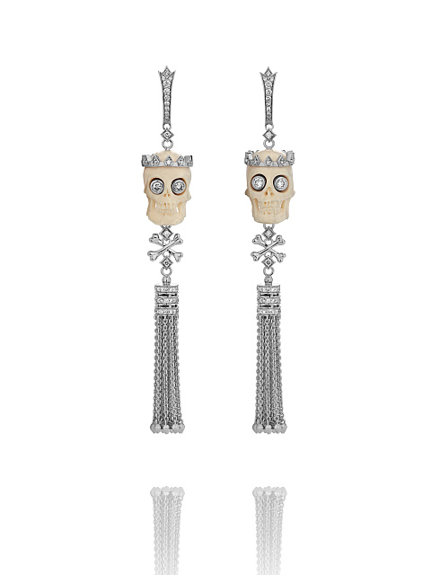 White Gold, Diamonds & Mammoth Tusk Skull Tassel Earrings, 1