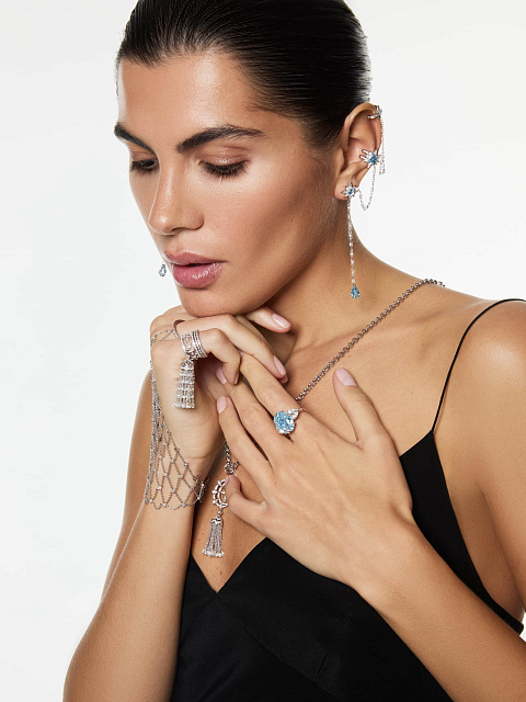 Long white gold earrings with ear cuff and aquamarines, 4