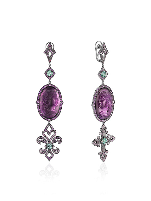 White gold earrings with cameo on amethyst and tourmalines, 6