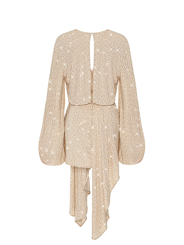 Beige Asymmetric Rhinestones Mini Dress, 2