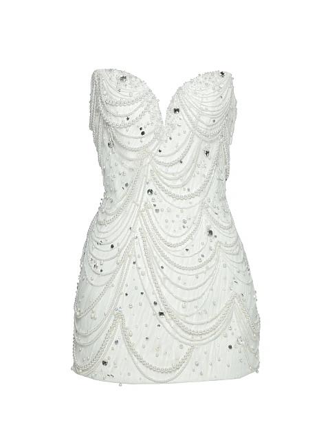 White Pearls & Rhinestones Silk Mini Dress, 1 White Pearls & Rhinestones Silk Mini Dress, 1