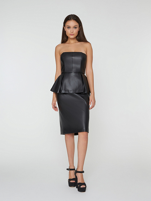 Black Faux Leather Peplum Midi Dress, 4