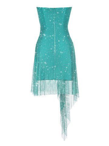 Turquoise Rhinestone Mesh Mini Dress, 2