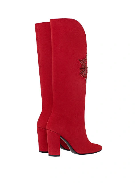 Red Embroidered Suede Knee High Boots, 3