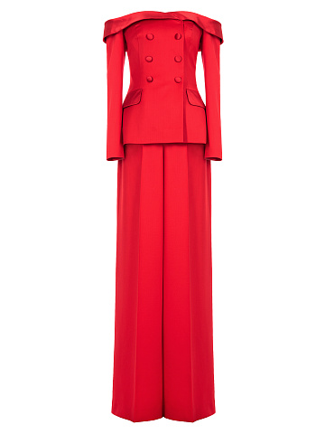 Red Wool Open Shoulders Pantsuit, 1