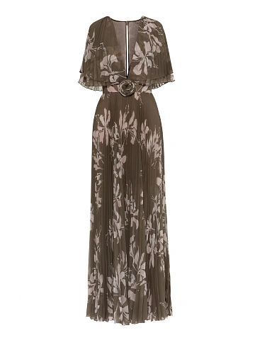 Brown Floral Print Chiffon Maxi Dress, 1