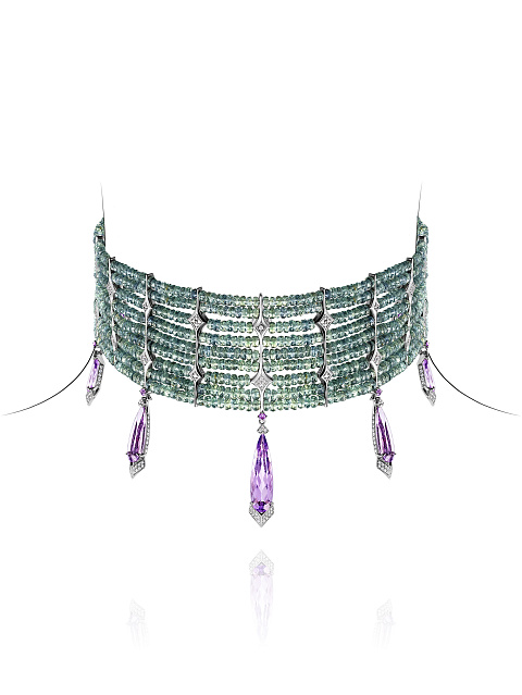 Bead Green Sapphire, Pear Amethyst, Grey Round Diamond & White Gold Necklace , 4