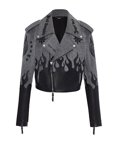Grey Leather Trim Denim Biker Jacket, 1 Grey Leather Trim Denim Biker Jacket, 1